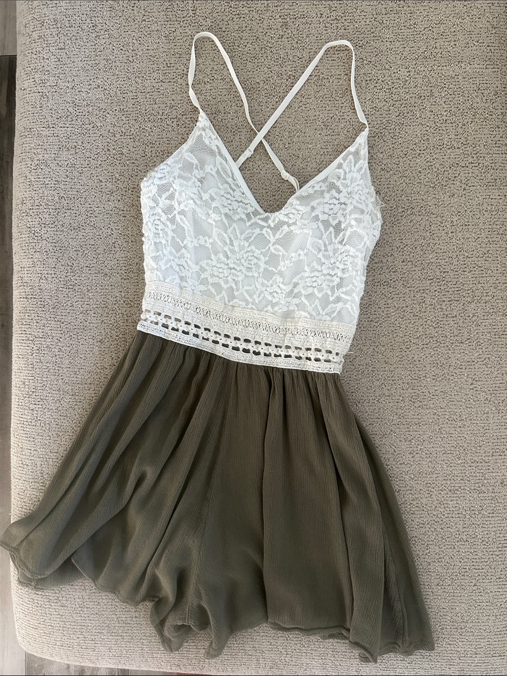 White Lace Bodice Olive Green Chiffon Skirt Dress
